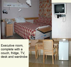 Executive room, complete with a  couch, fridge, TV, desk and wardrobe